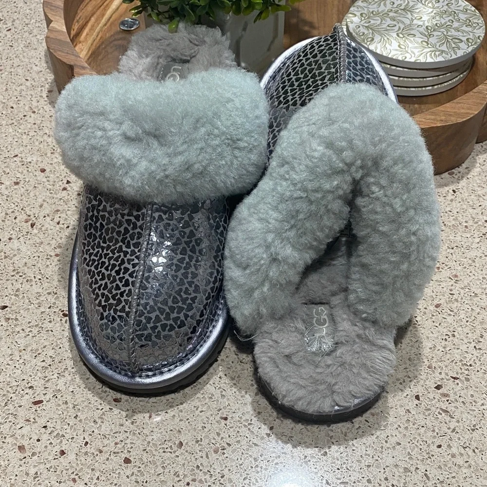 UGG Silver Metallic Shearling Slip‑On Slippers